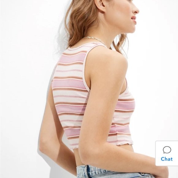 ☀️ 3/$15 American Eagle Soft & Sexy Rib AE Striped High-Neck Crop Tank Pink - Picture 2 of 6